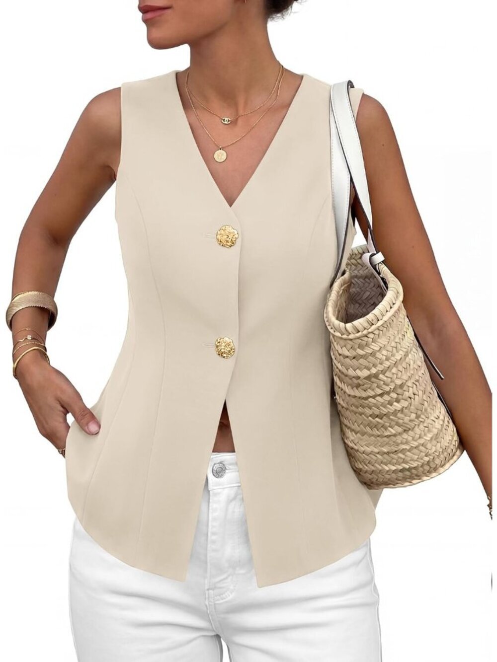 Women's Beige Summer Sleeveless Blazer Vest Tops 2026 Trendy V Neck Button Down